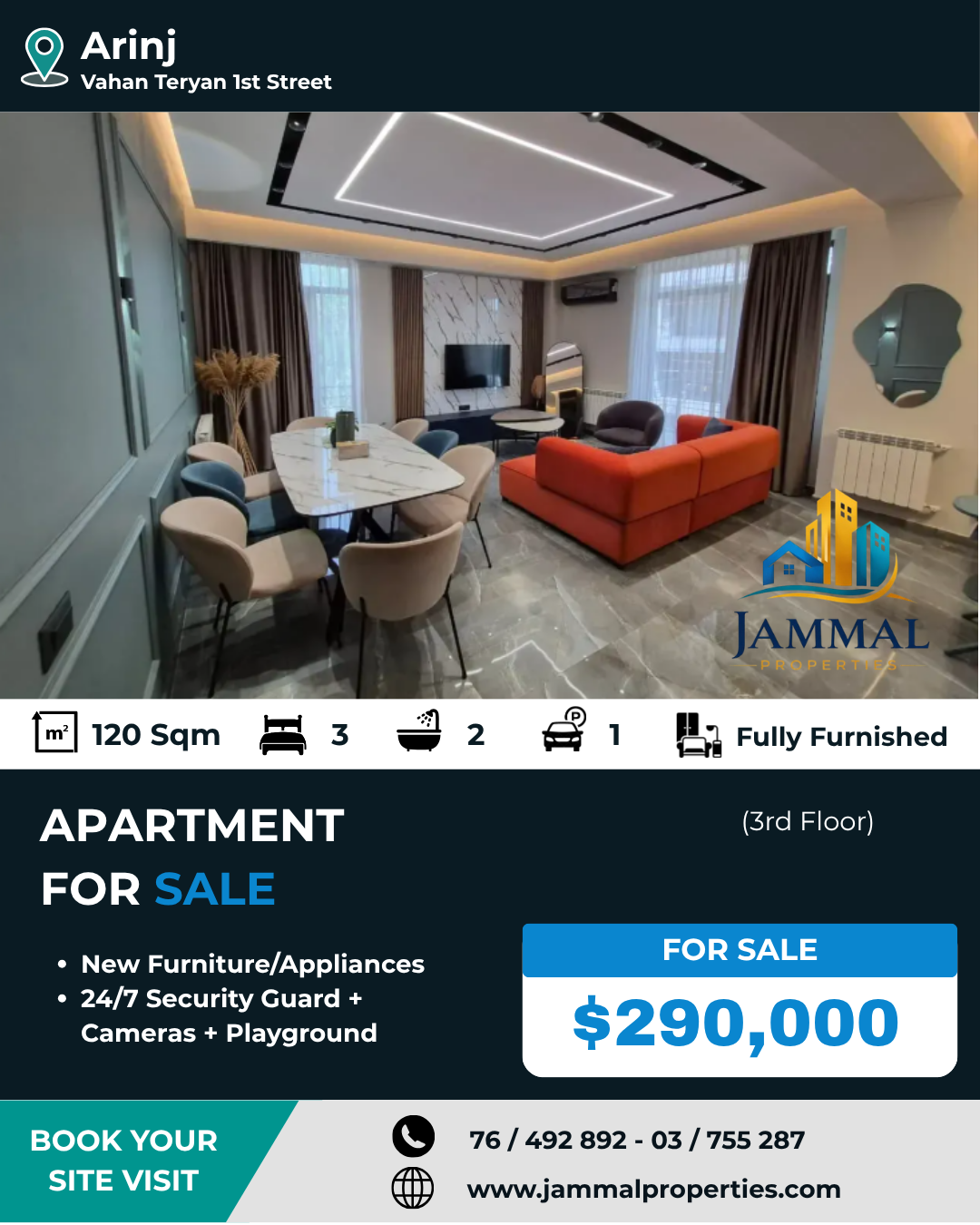3 room apartment in a new building on Vahan Teryan 1st Street in Arinj, 120 sqm