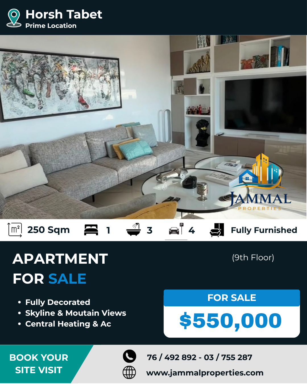 A beautifully furnished and fully decorated apartment featuring generous interiors and impressive skyline and mountain views