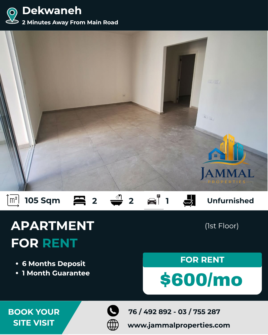 Small apartment available in dekwaneh in a well maintained building, 2 minutes away from the main road.  Compatible for 1 to 2 persons.
